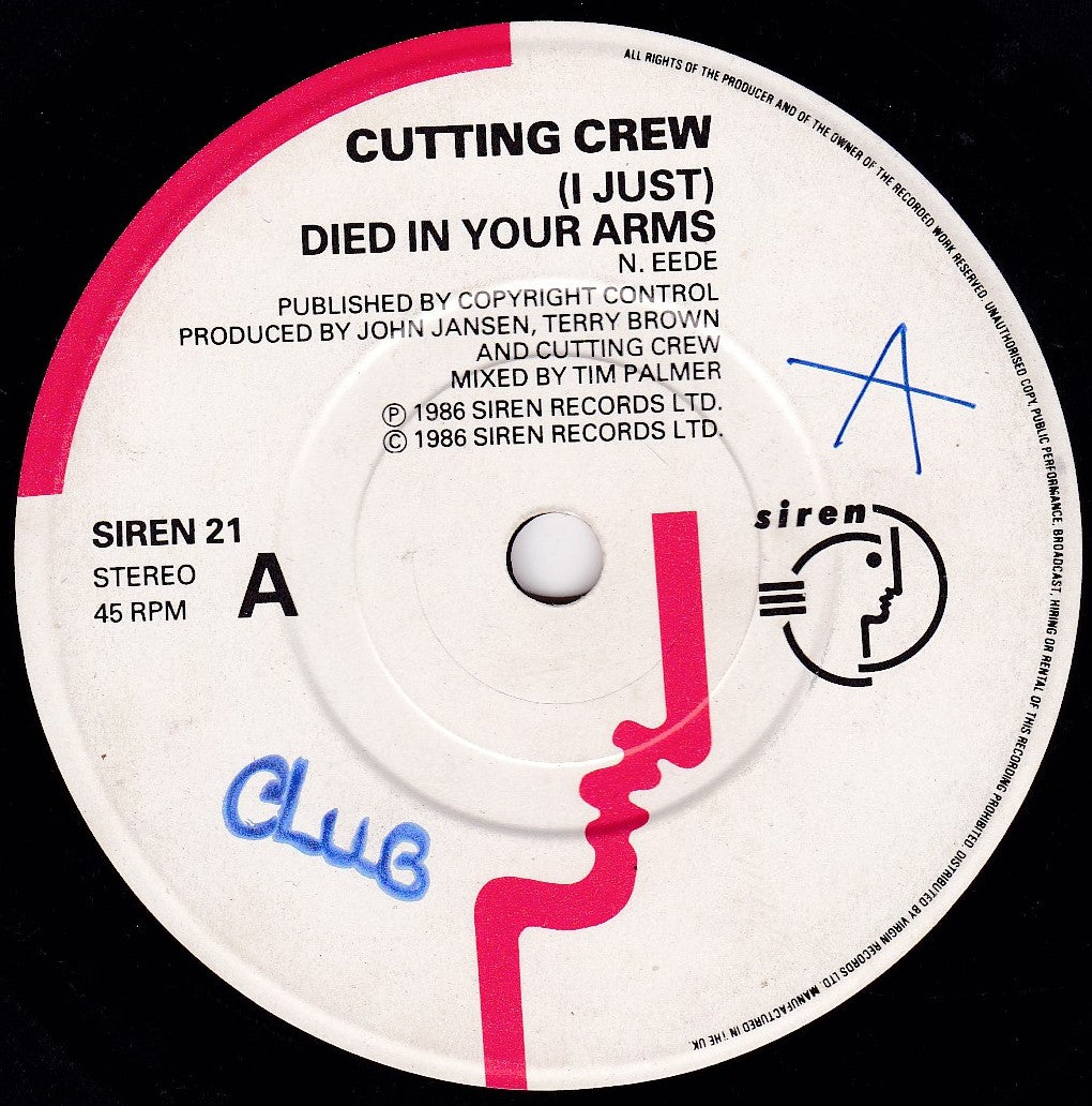 Cutting Crew ‎– (I Just) Died In Your Arms (Siren 1986) 7" vinyl single G+/-