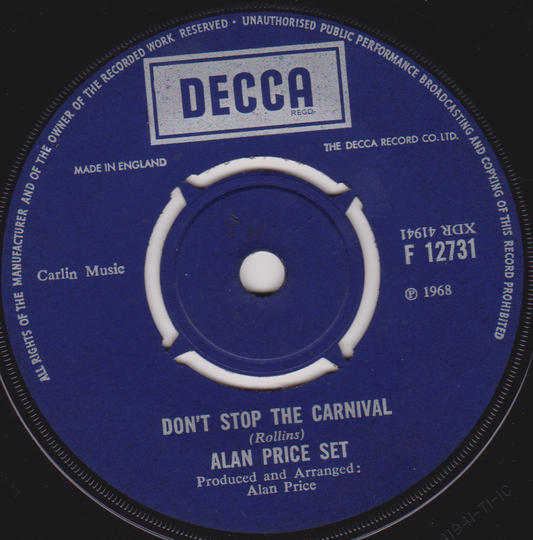 Alan Price Set ‎– Don't Stop The Carnival (Decca 1968) 7" vinyl single G+/-