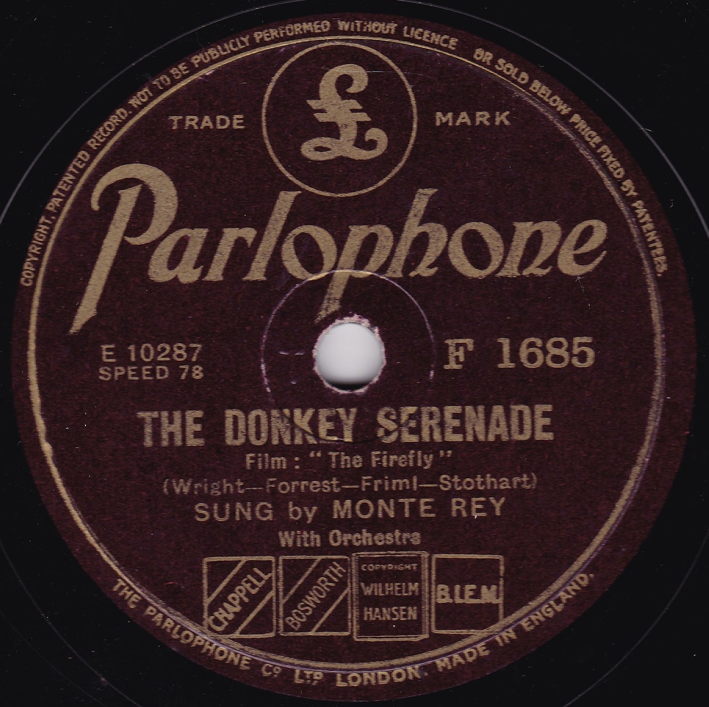 Monte Rey - The Donkey Serenade (Parlophone) 10" shellac VG/-