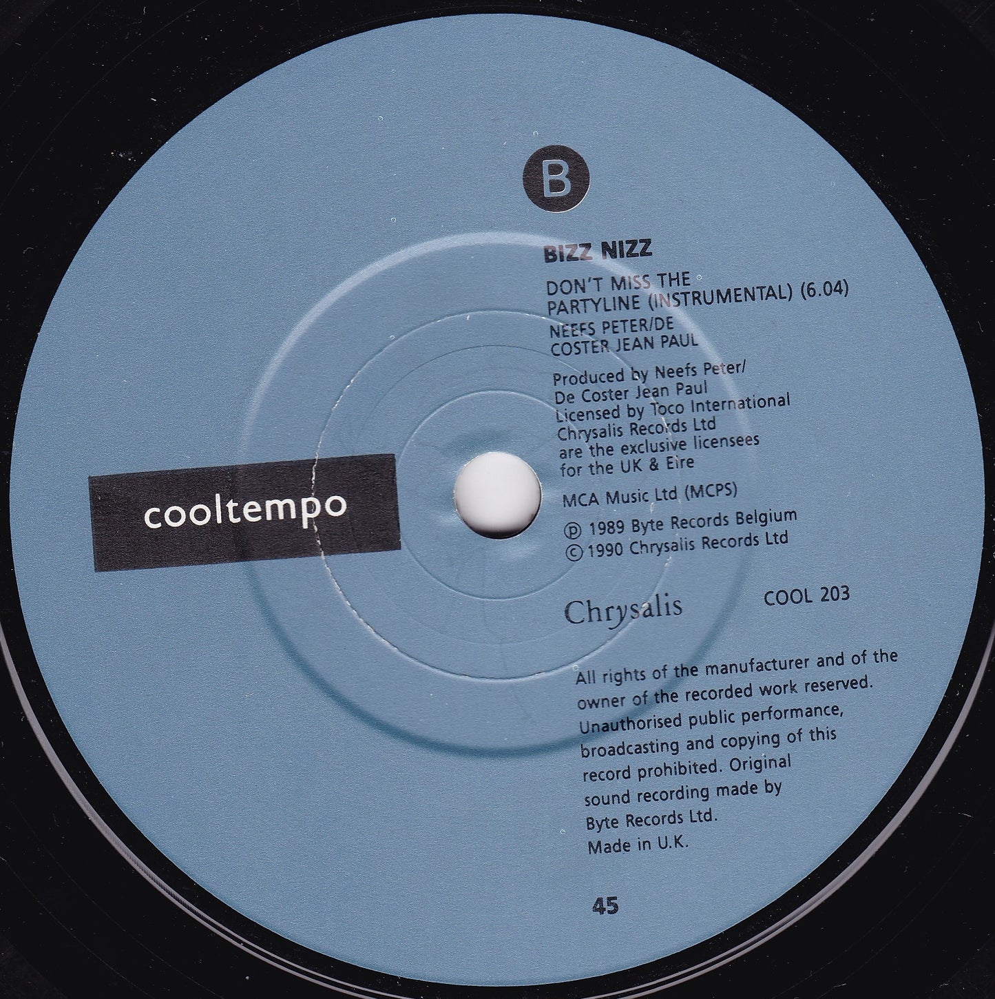 Bizz Nizz ‎– Don't Miss The Partyline (Cooltempo 1990) 7" vinyl P/S single G+/VG