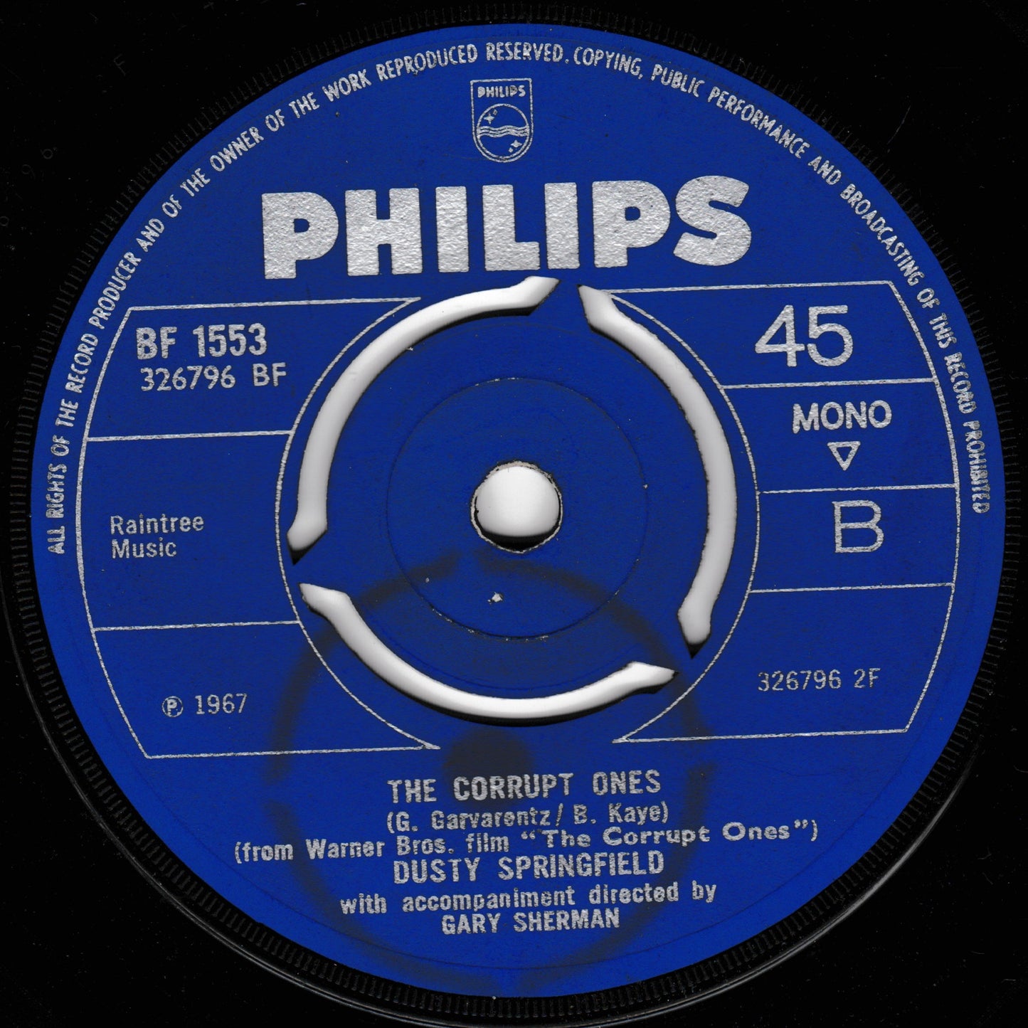 Philips record label with text and music credits on a blue background