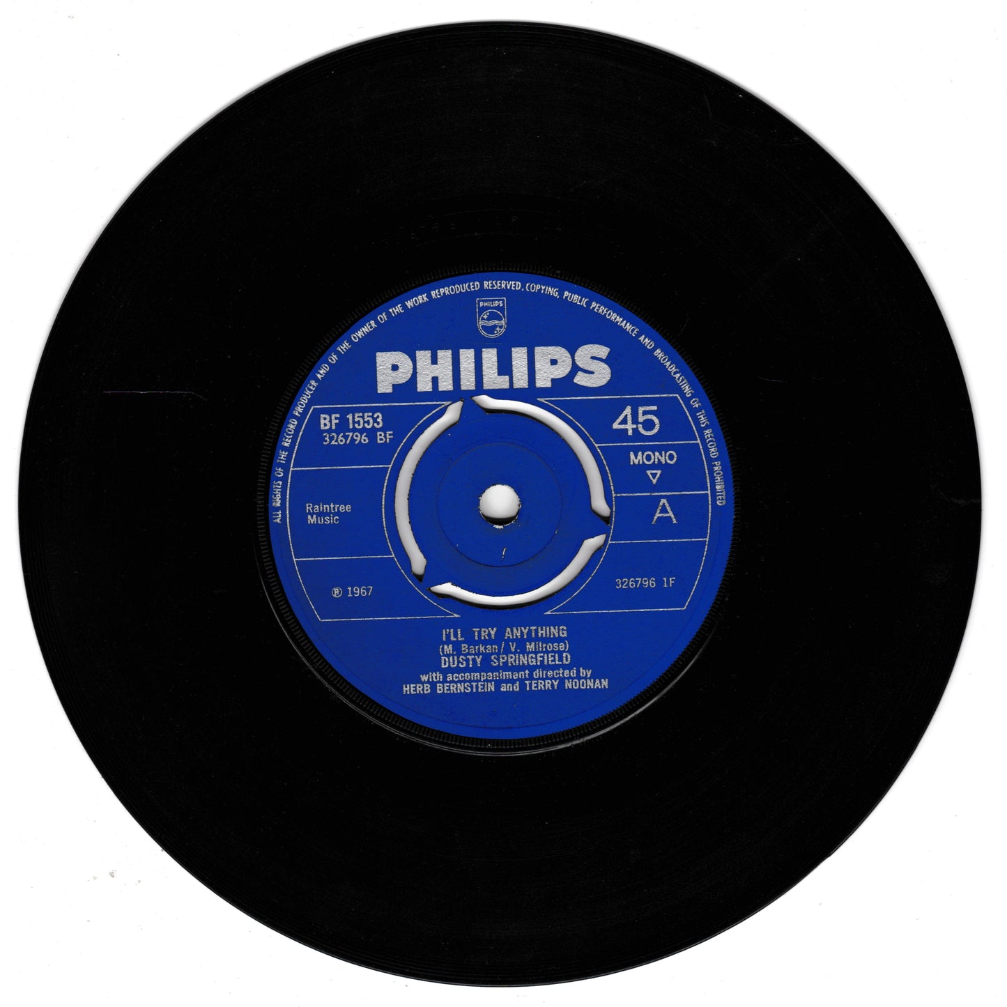 Black vinyl record with a blue Philips label on a white background