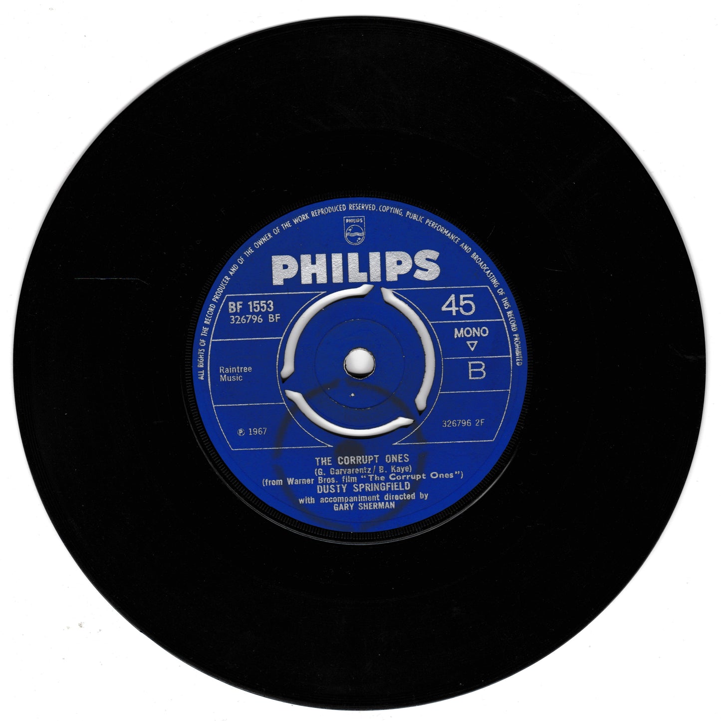 Vinyl record with a blue Philips label on a white background