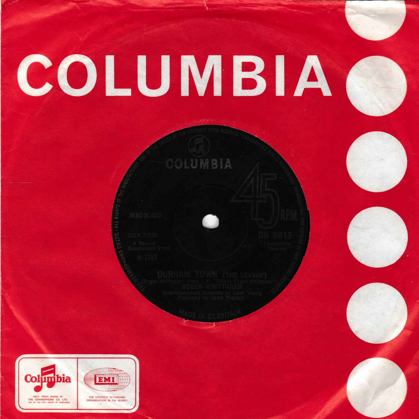 Roger Whittaker - Durham Town (The Leavin') (Columbia 1969) 7" vinyl single VG/VG