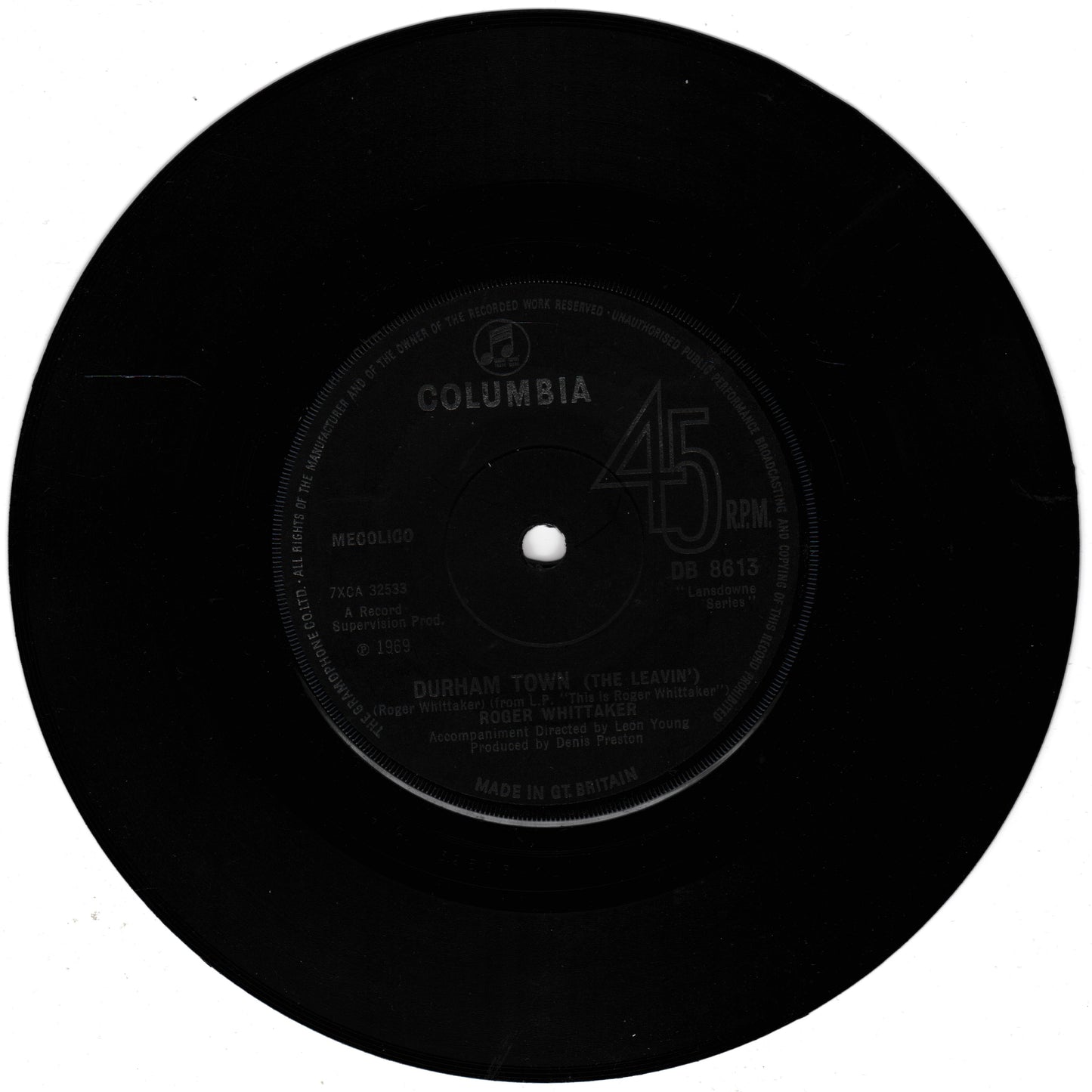 Roger Whittaker - Durham Town (The Leavin') (Columbia 1969) 7" vinyl single VG/VG
