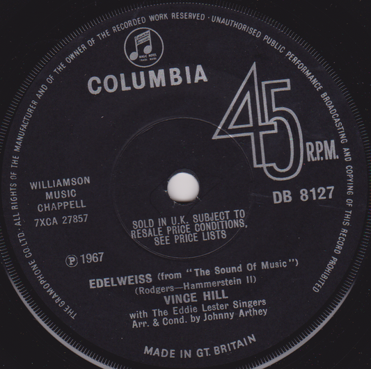 Vince Hill – Edelweiss (Columbia, 1967) 7" vinyl single VG/-