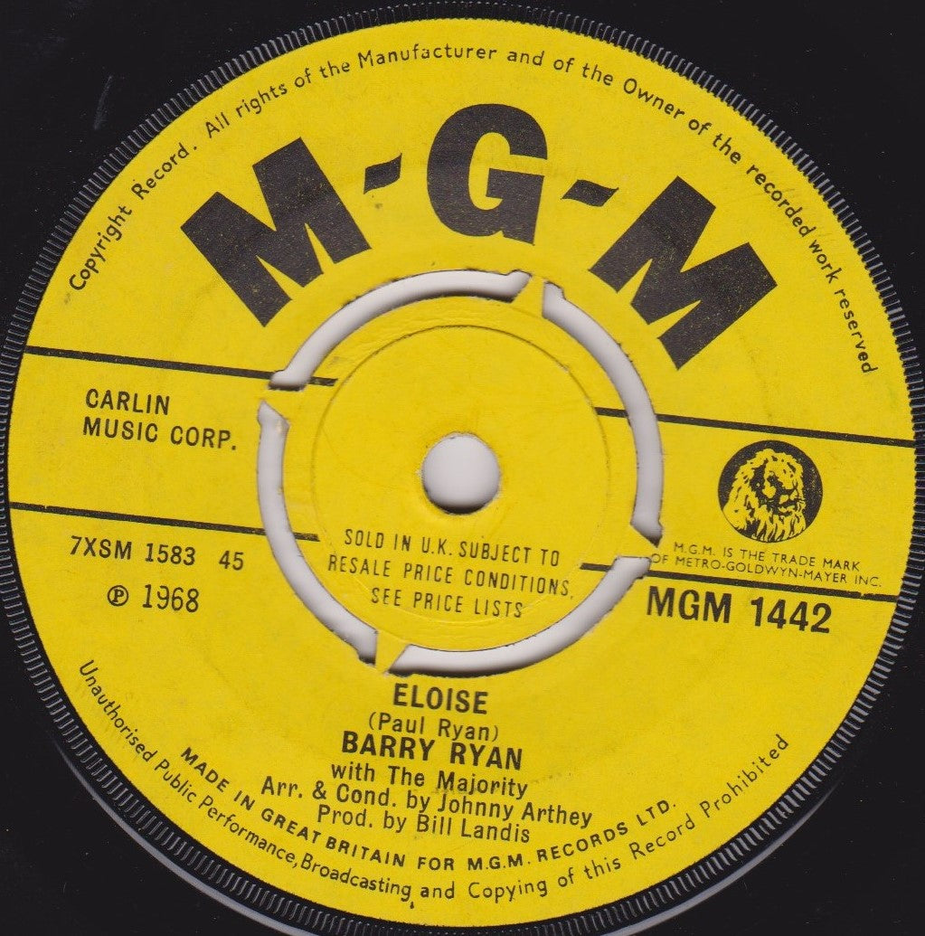 Barry Ryan ‎– Eloise (MGM 1968) 7" vinyl single VG/-