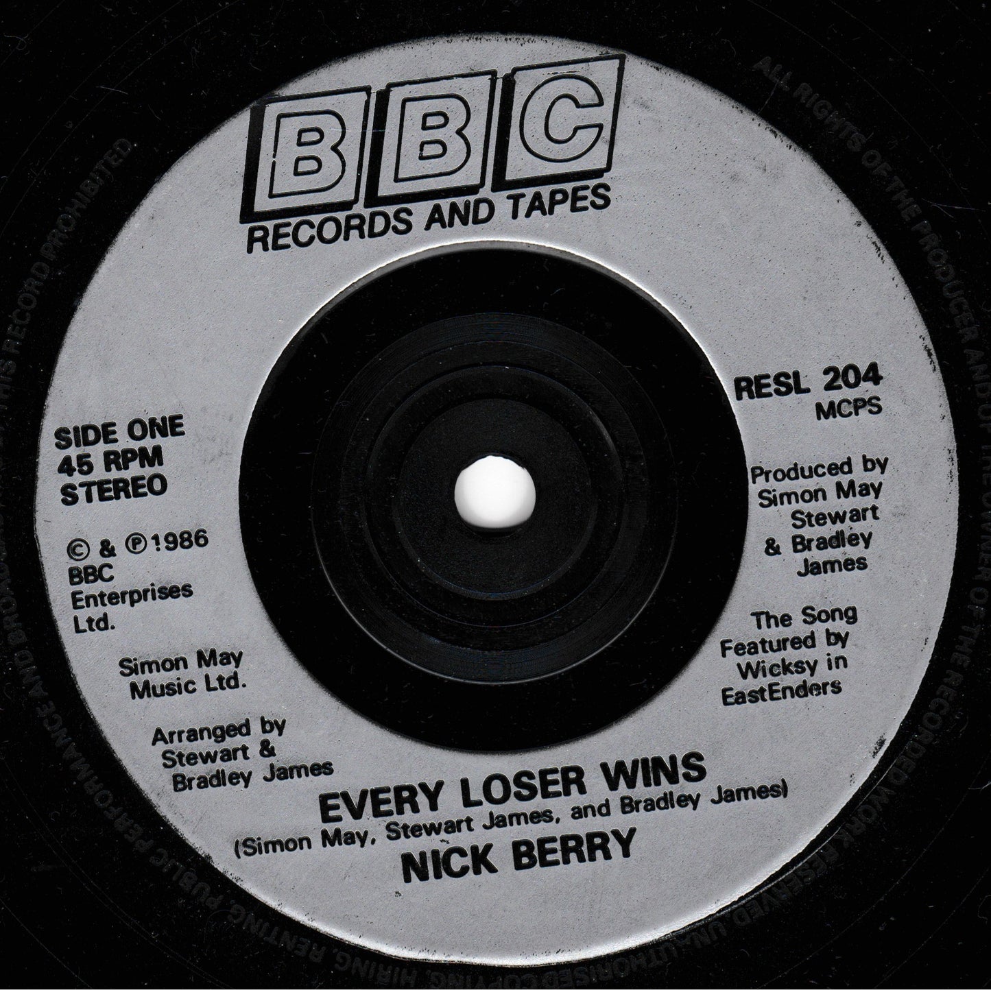 Record label for 'Every Loser Wins' by Nick Berry with BBC Records and Tapes branding.