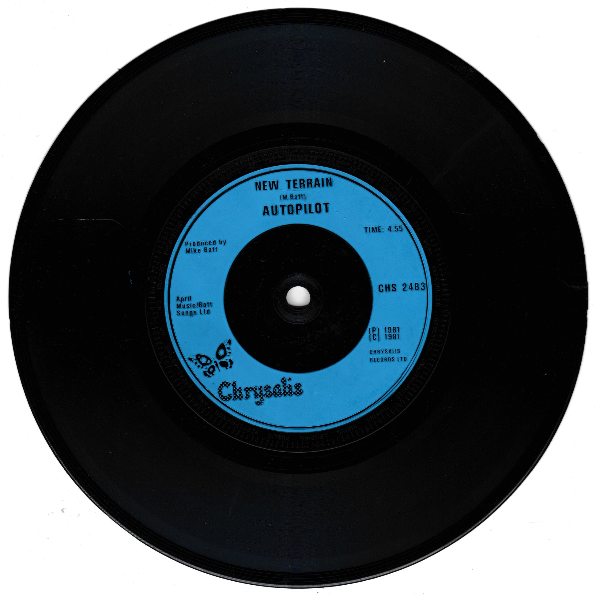 Black vinyl record with a blue label on a white background