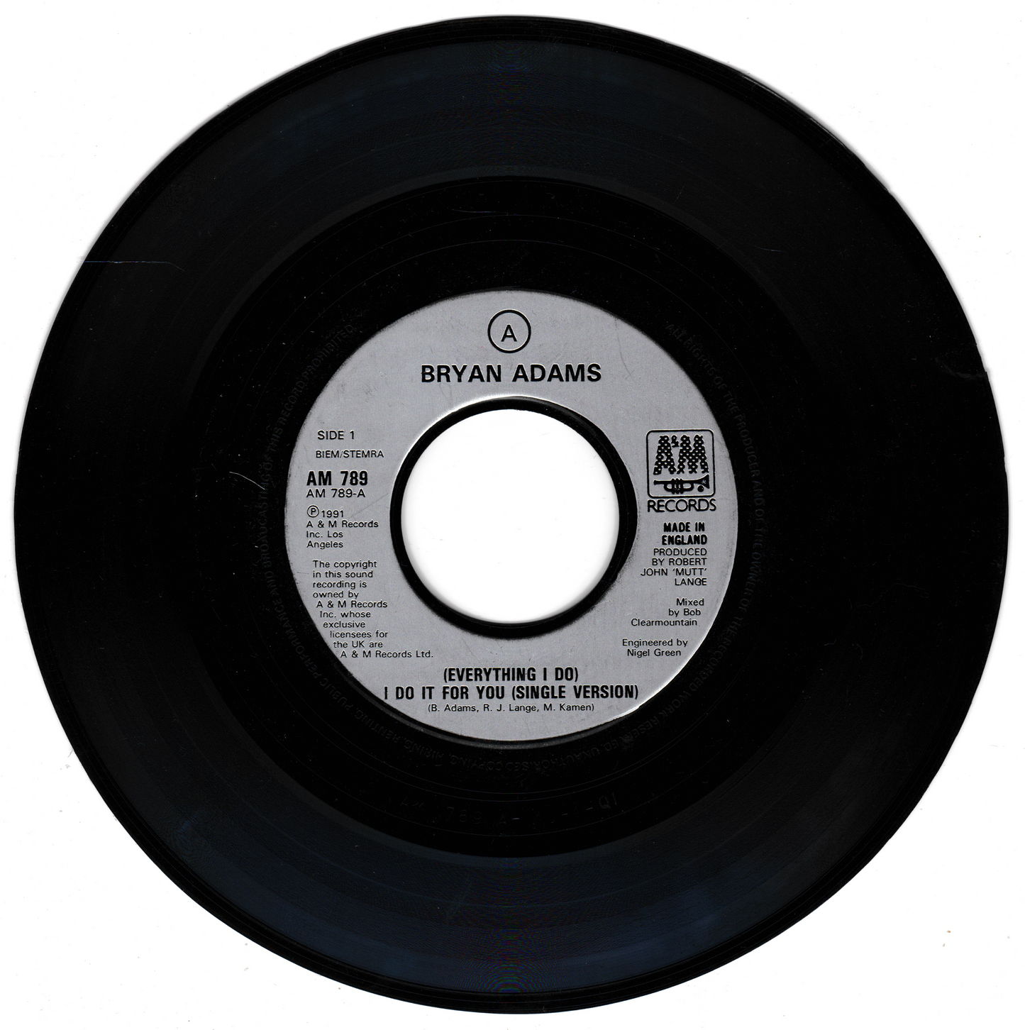 Bryan Adams – (Everything I Do) I Do It For You (A&M 1991) 7" vinyl single VG/- jukebox centre