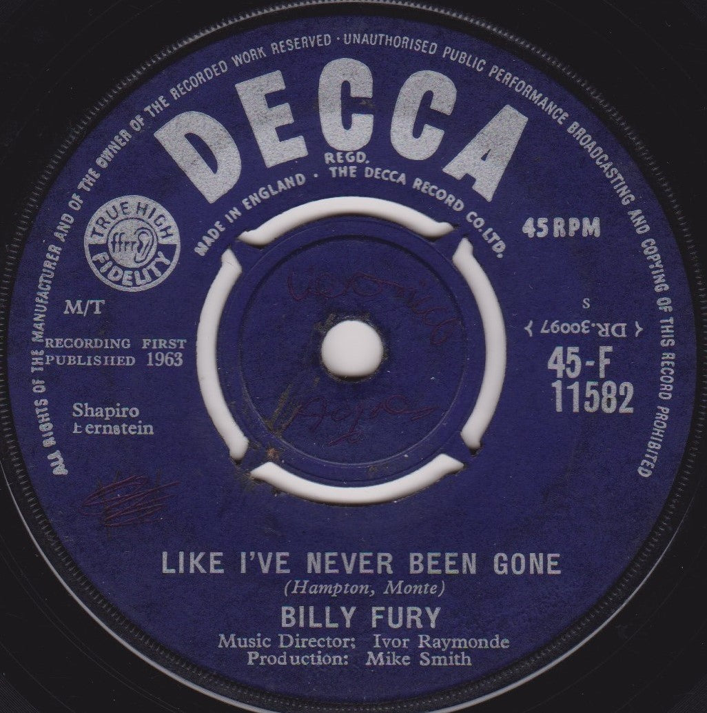 Billy Fury ‎– Like I've Never Been Gone (Decca 1963) 7" vinyl single G+/-