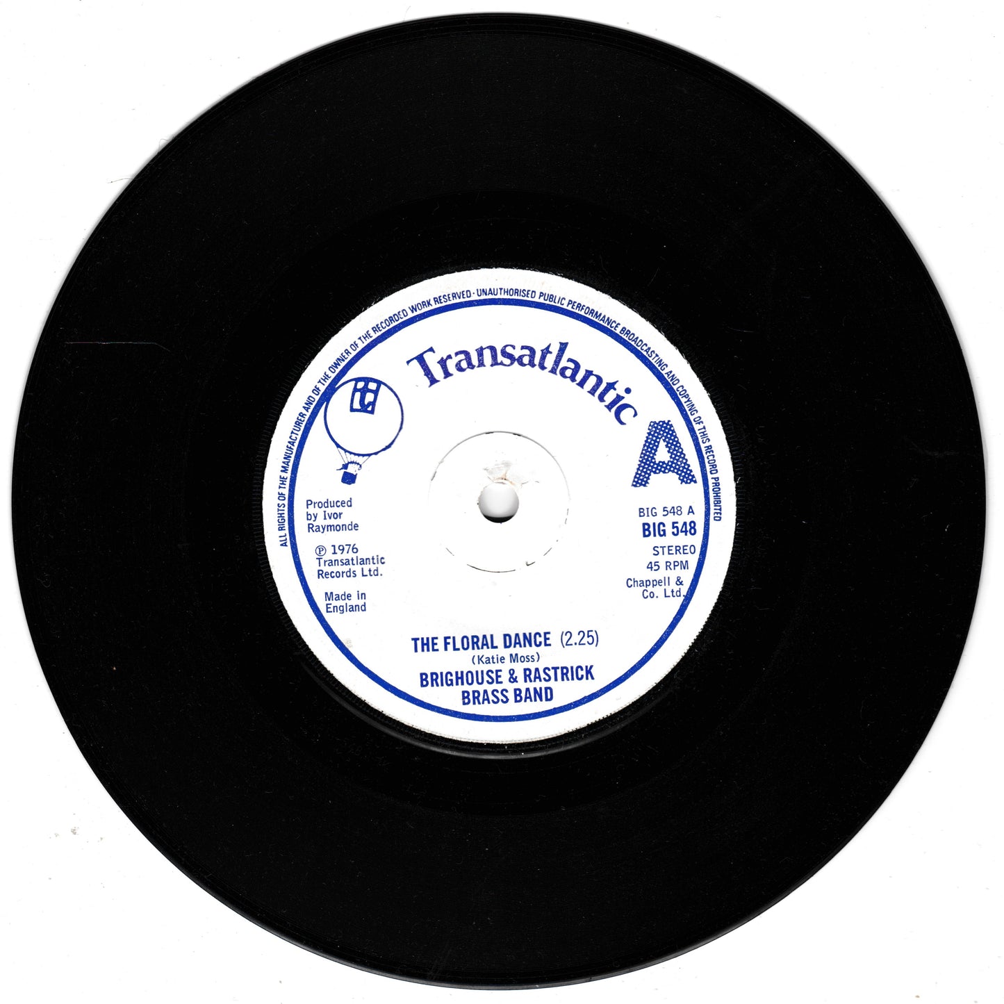Black vinyl record with a white label featuring 'Transatlantic' and 'The Floral Dance' by Broughouse & Rastrick Brass Band.