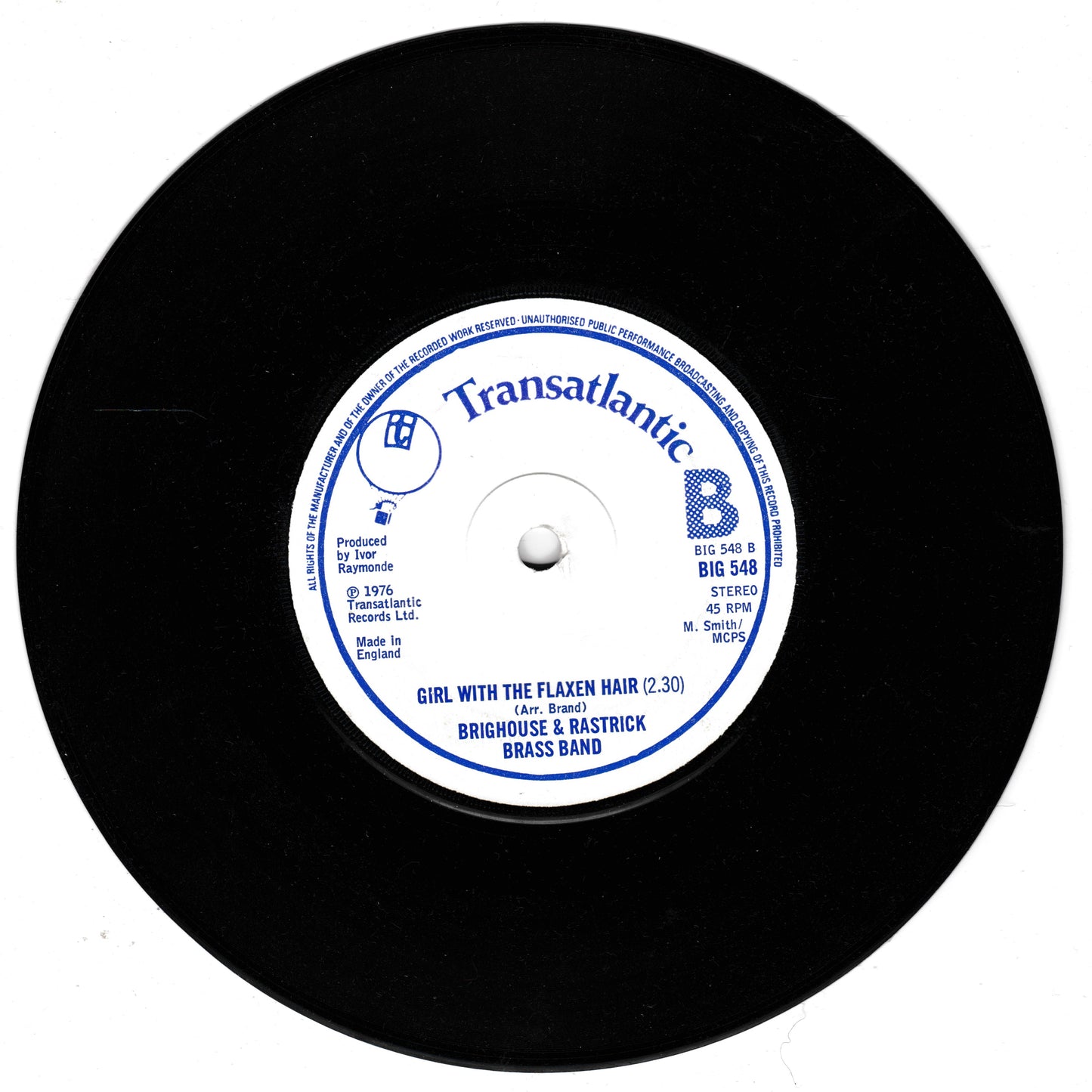 Vinyl record with a blue label on a white background