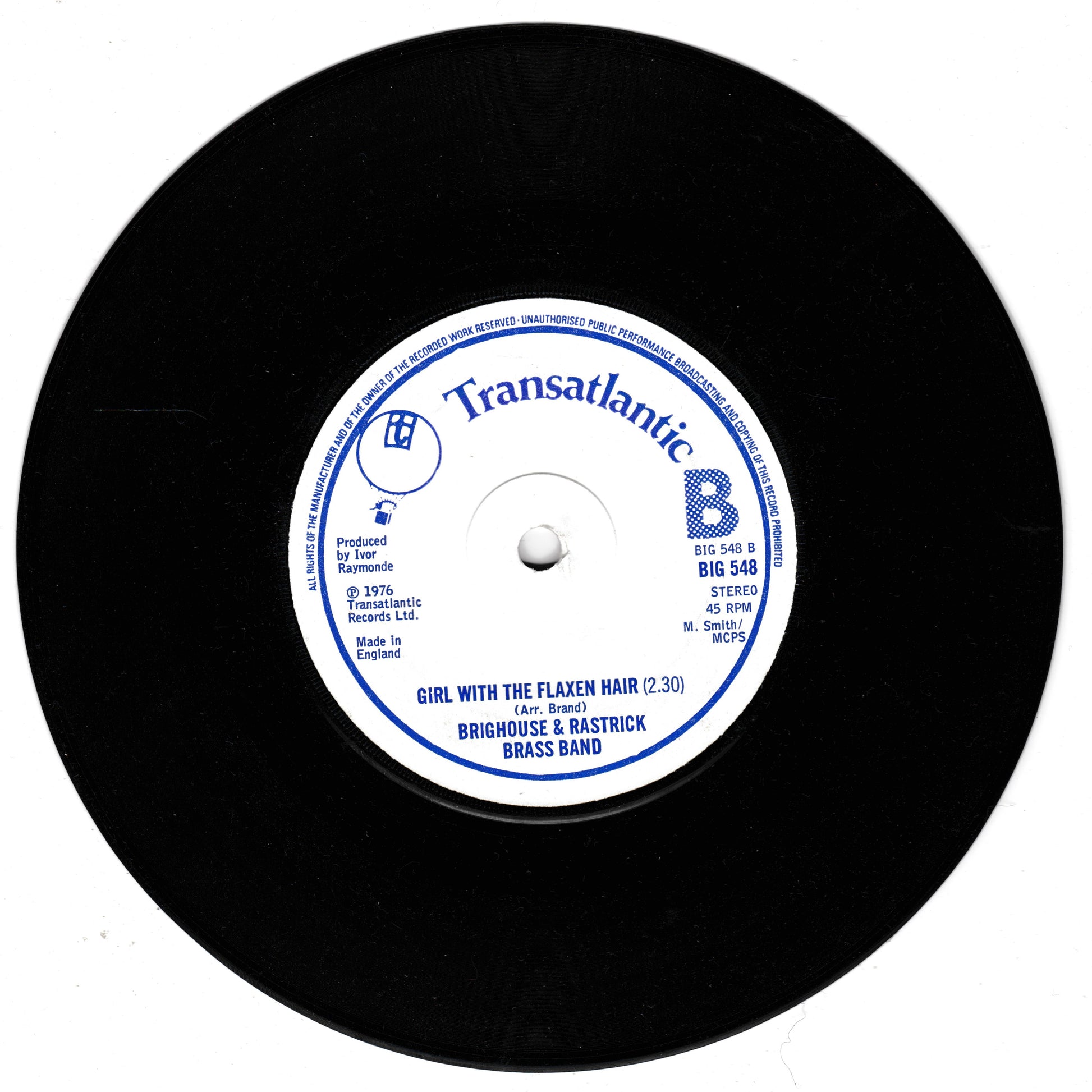 Vinyl record with a blue label on a white background