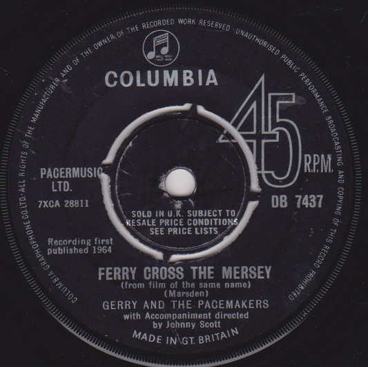 Record label for a Columbia 45 RPM record featuring Gerry and the Pacemakers' 'Ferry Cross the Mersey'.