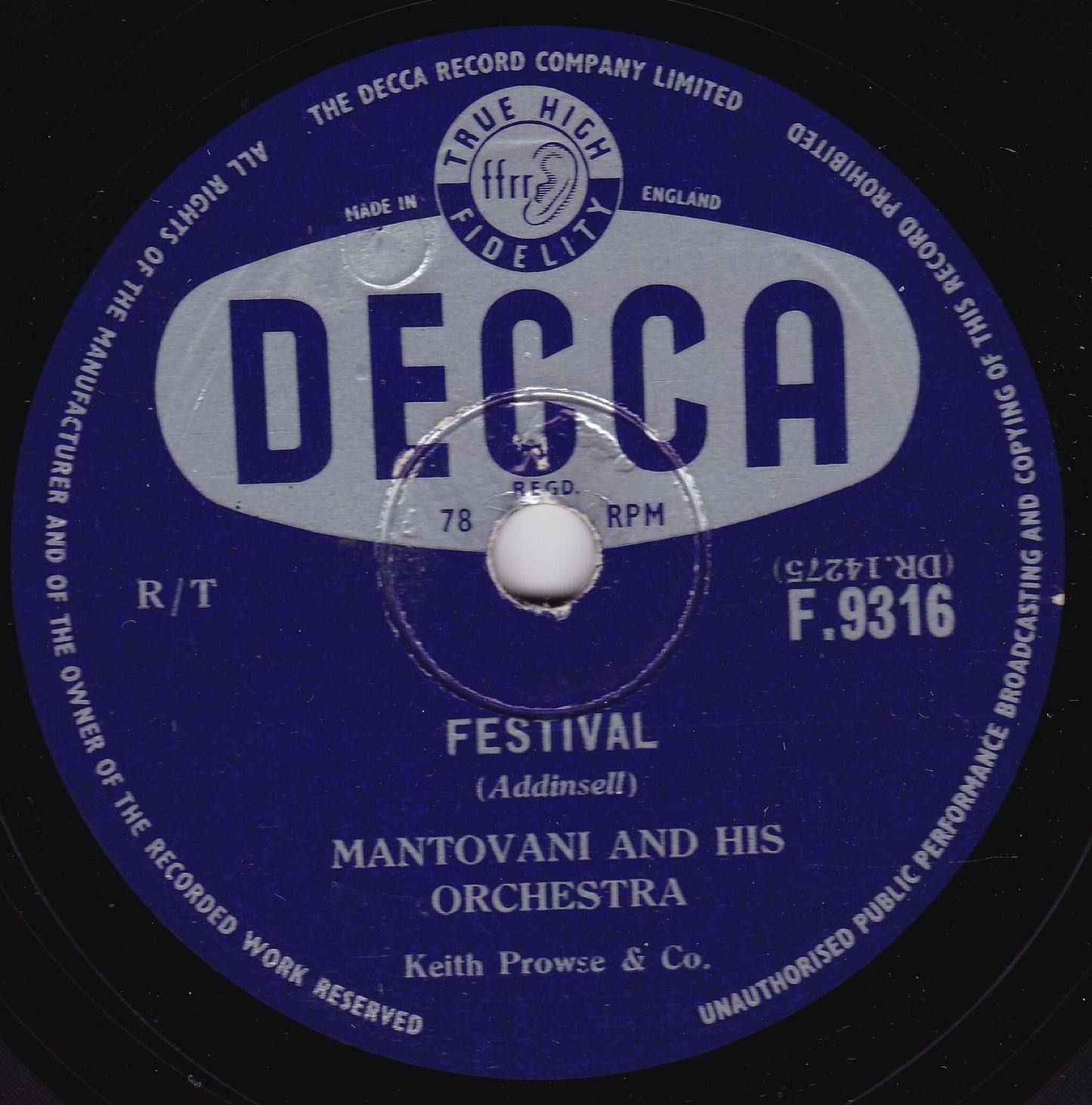 Mantovani And His Orchestra - Festival (Decca) 10" shellac VG/-