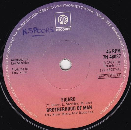 Brotherhood Of Man – Figaro (Pye 1977) 7" vinyl single VG/-