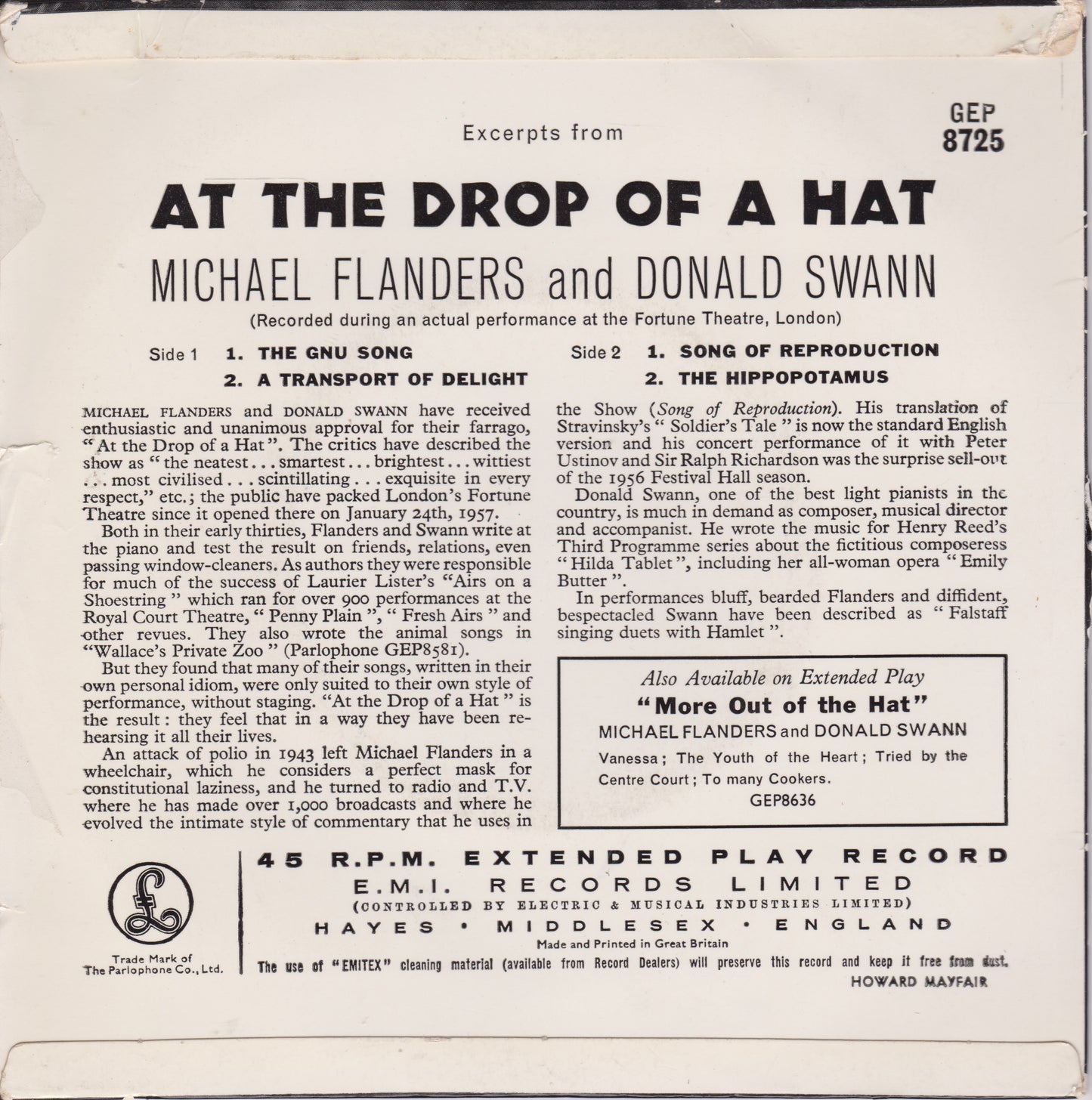 Michael Flanders And Donald Swann ‎– Excerpts From "At The Drop Of A Hat" (Parlophone) 7" vinyl P/S EP VG/VG