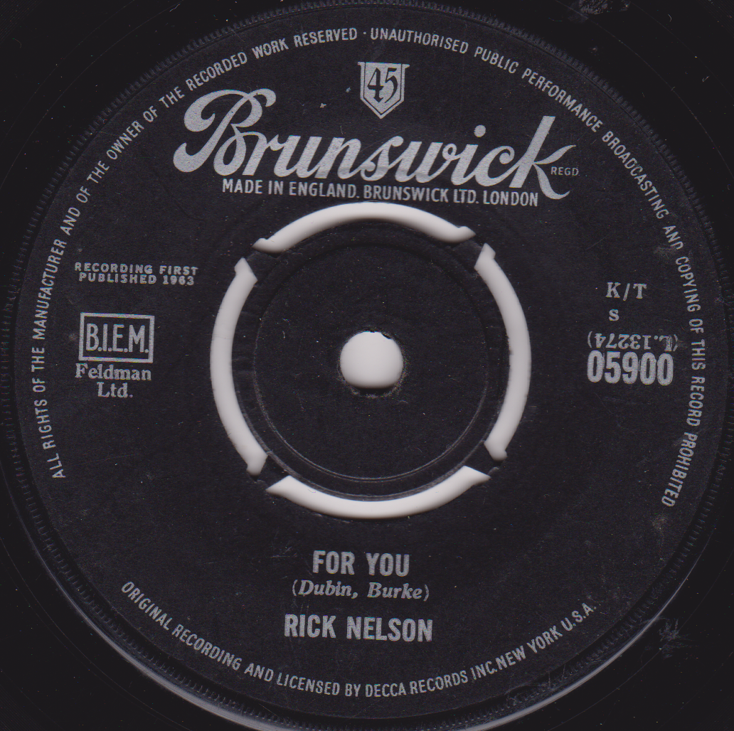 Record label with 'Brunswick' branding and text about a song by Rick Nelson