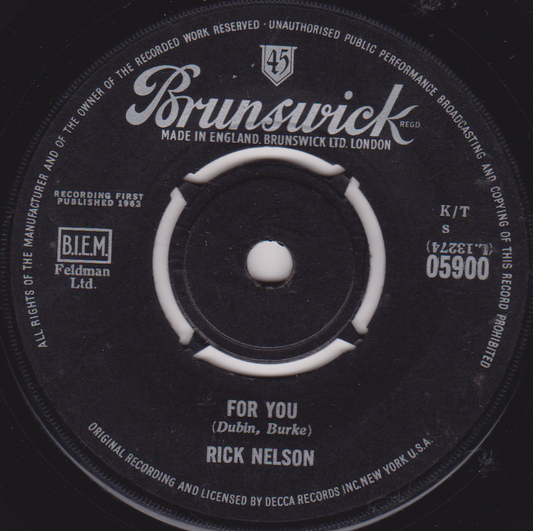 Record label with 'Brunswick' branding and text about a song by Rick Nelson