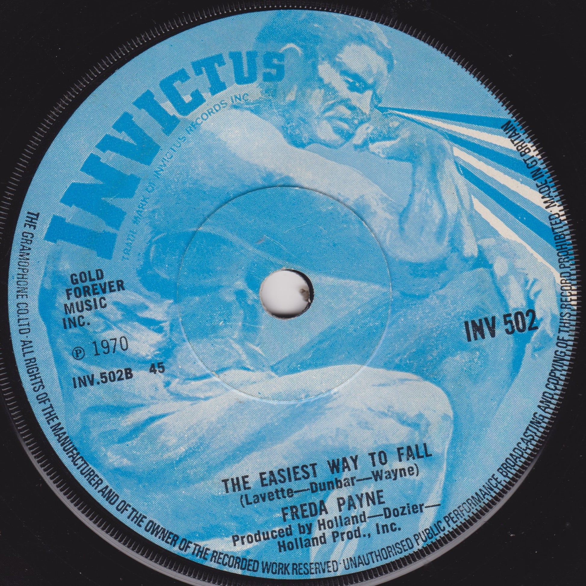 Record label with blue design and text, featuring a person and text on a black background.