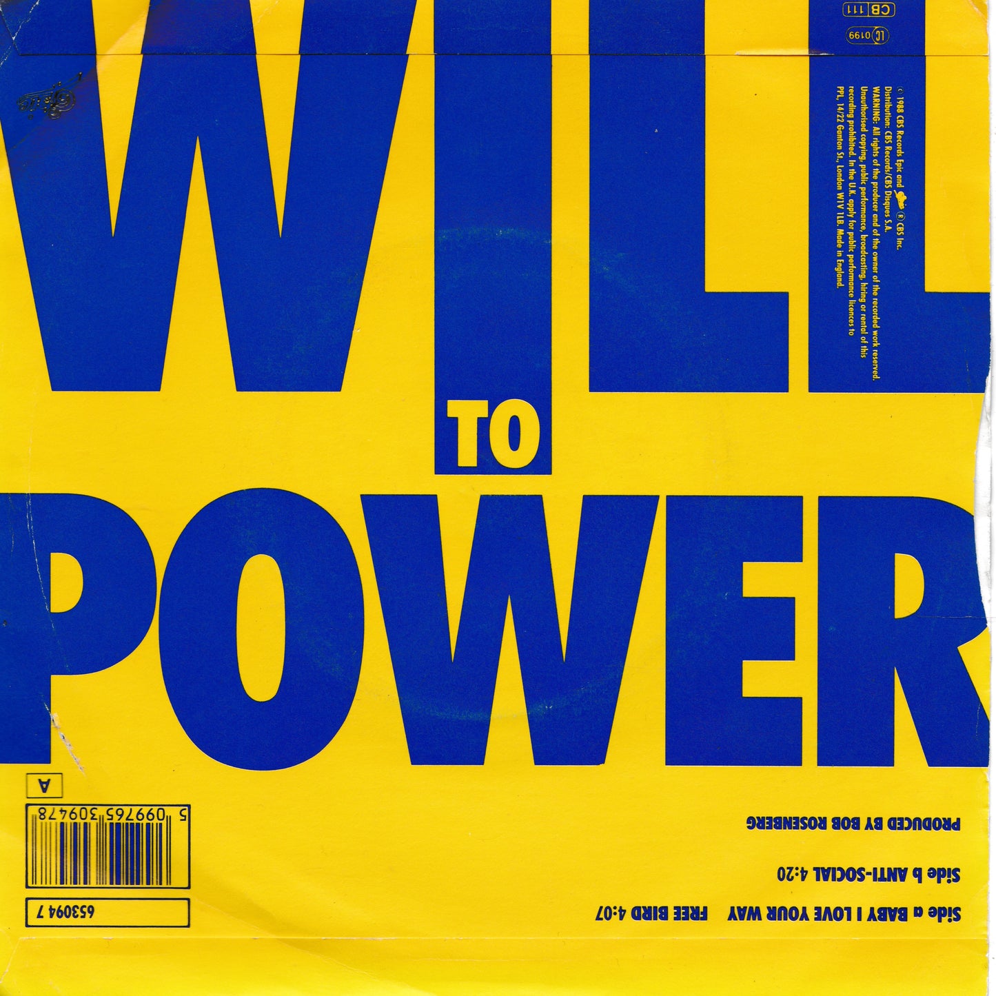 Will To Power - Freebaby (Epic, 1988) 7" vinyl P/S single VG/VG