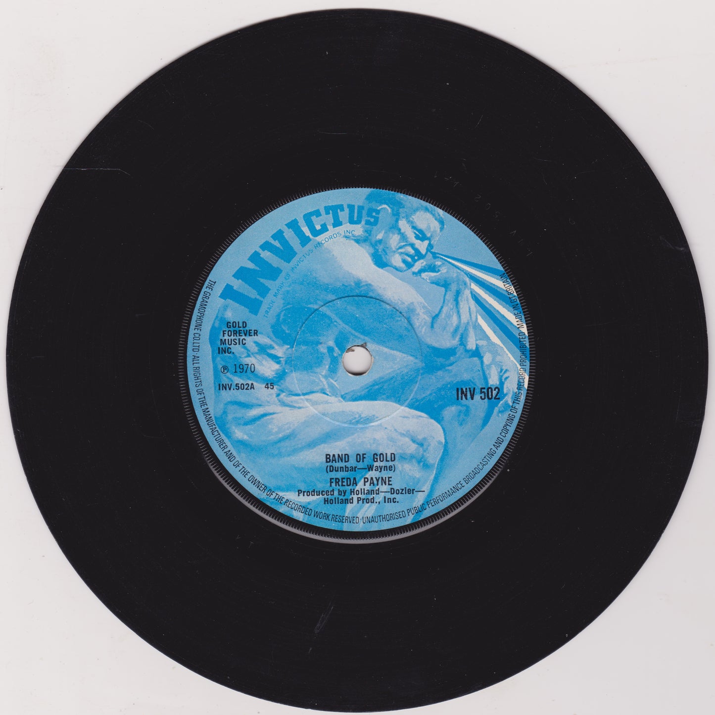 Vinyl record with a blue label featuring text and graphics on a white background