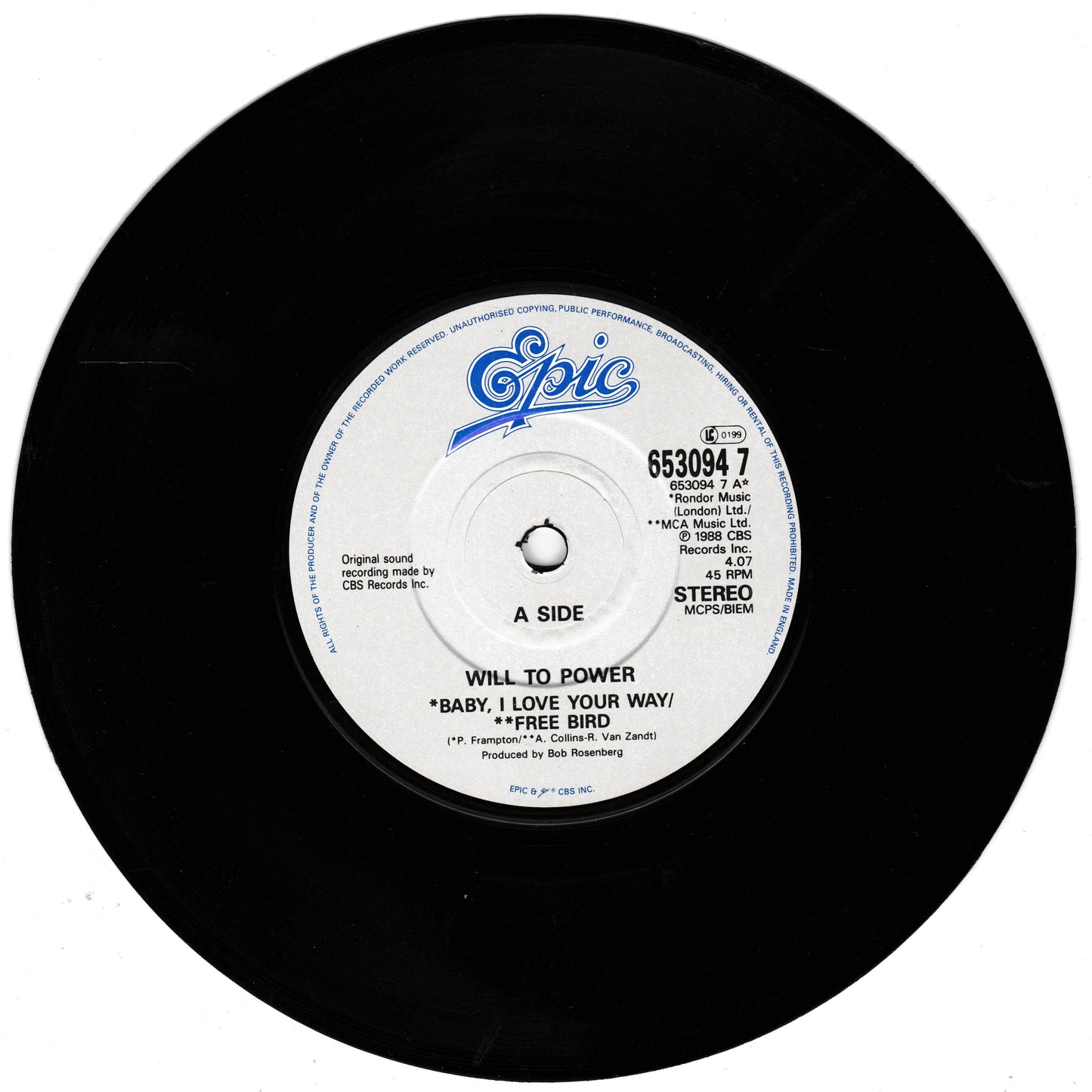 Will To Power - Freebaby (Epic, 1988) 7" vinyl P/S single VG/VG