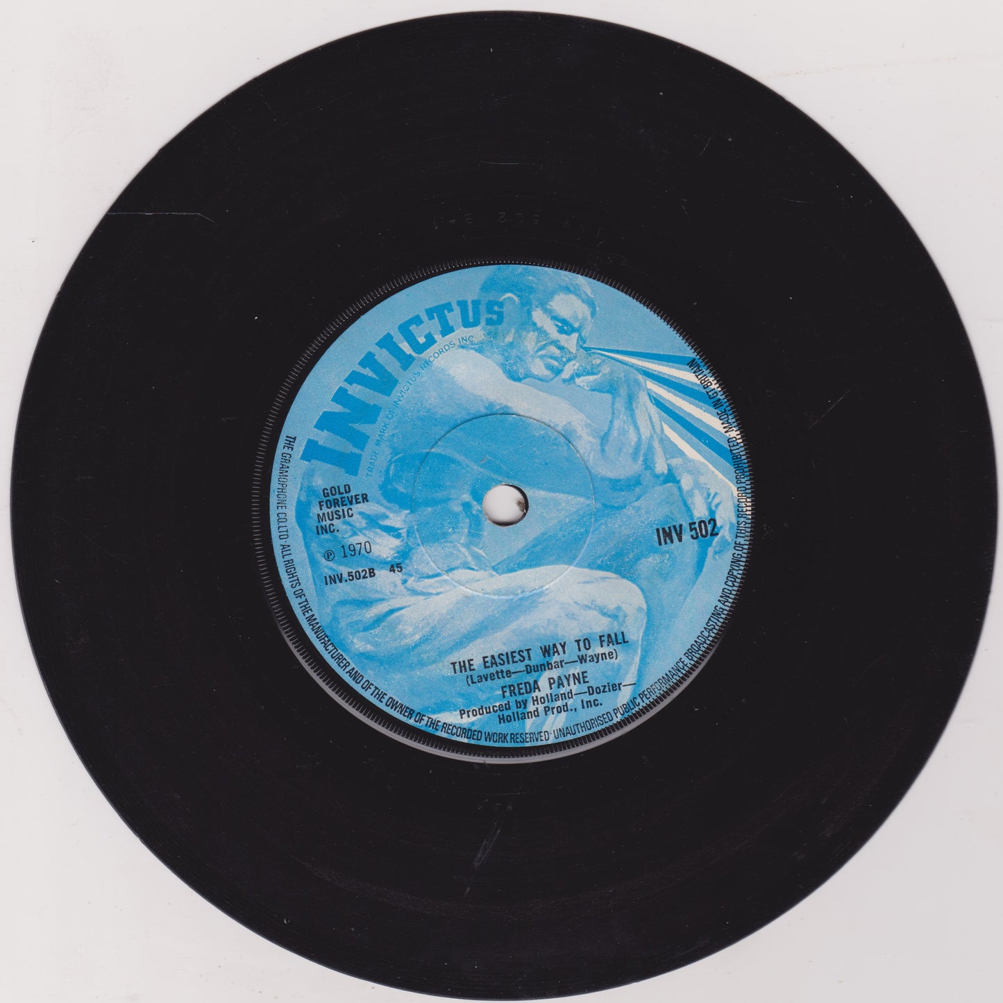Vinyl record with blue label featuring 'Invictus' on a white background