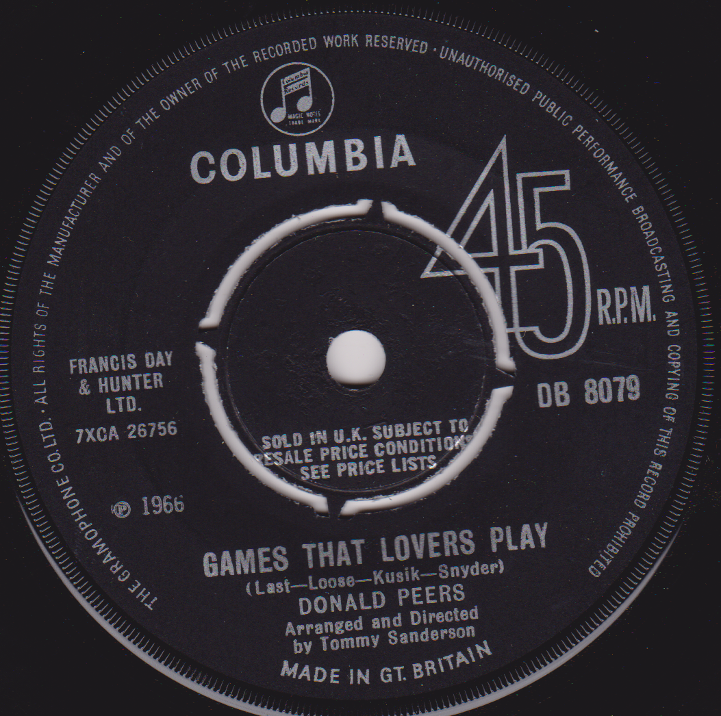 Donald Peers – Games That Lovers Play (Columbia 1966) 7" vinyl single VG/-