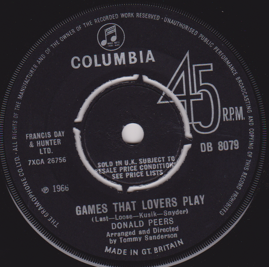 Donald Peers – Games That Lovers Play (Columbia 1966) 7" vinyl single VG/-