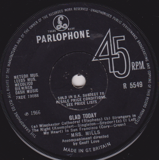 Mrs. Mills ‎– Glad Today (Parlophone 1966) 7" vinyl single VG/-