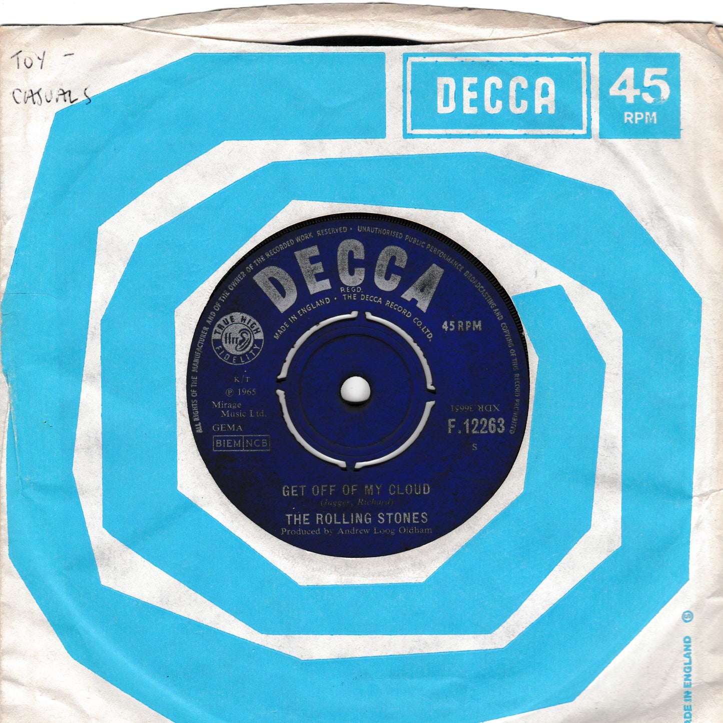Decca 45 RPM record sleeve with blue and white design