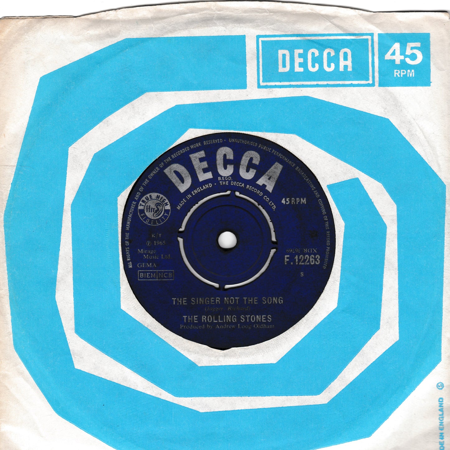 Decca 45 RPM record sleeve with blue and white design