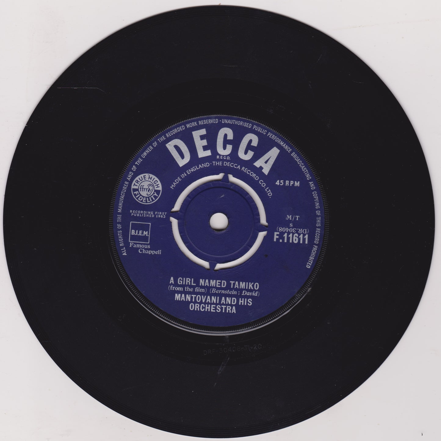 Mantovani And His Orchestra - A Girl Named Tamiko (Decca 1963) 7" vinyl single VG/-