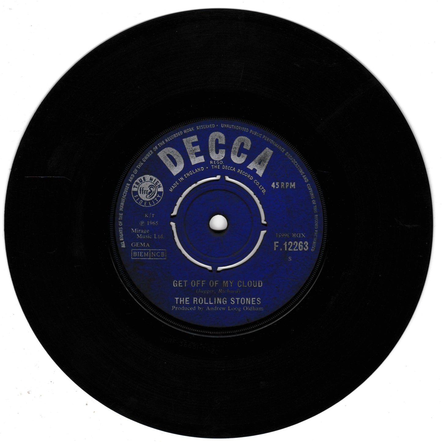 Black vinyl record with a blue label featuring 'Decca' and 'The Rolling Stones'.