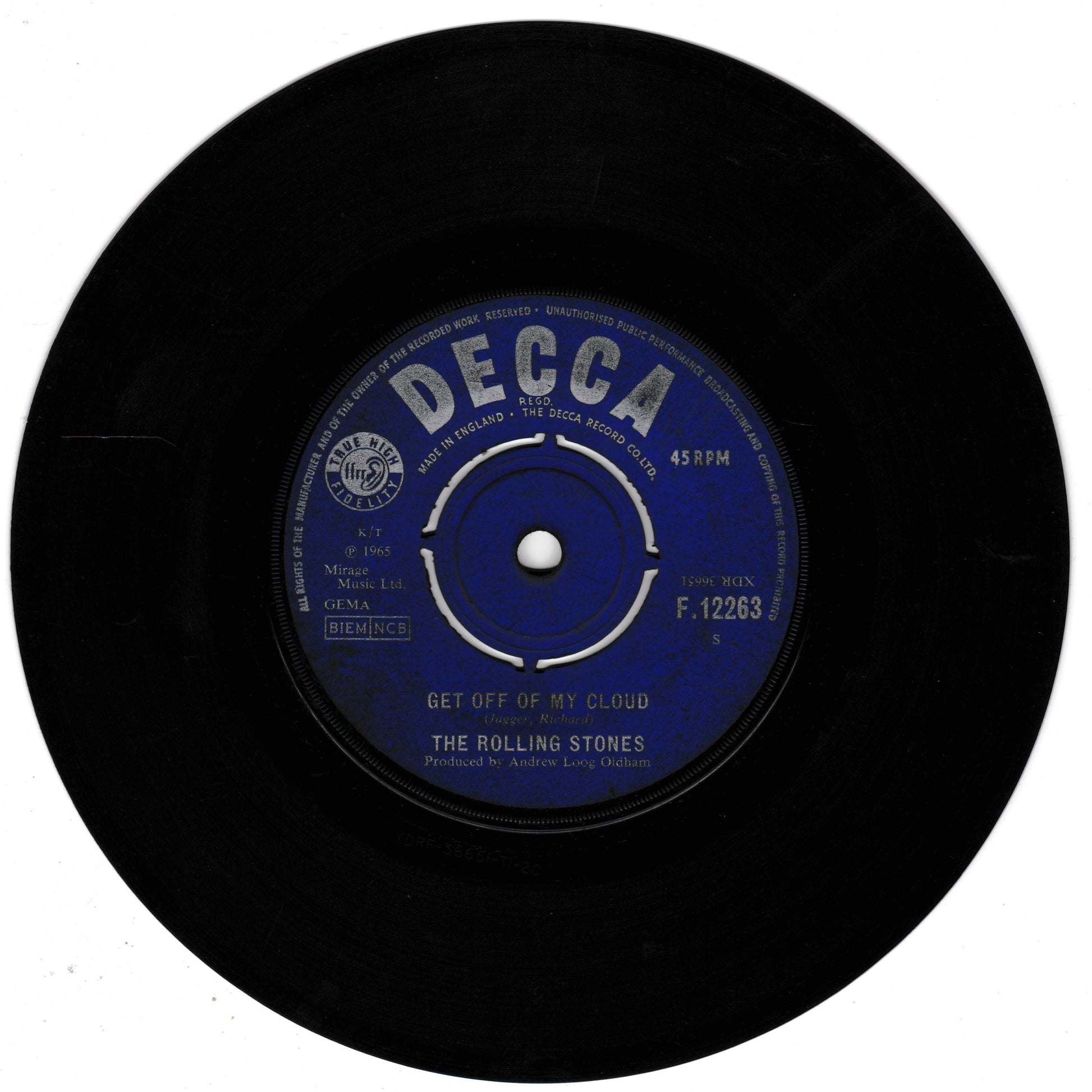 Black vinyl record with a blue label featuring 'Decca' and 'The Rolling Stones'.