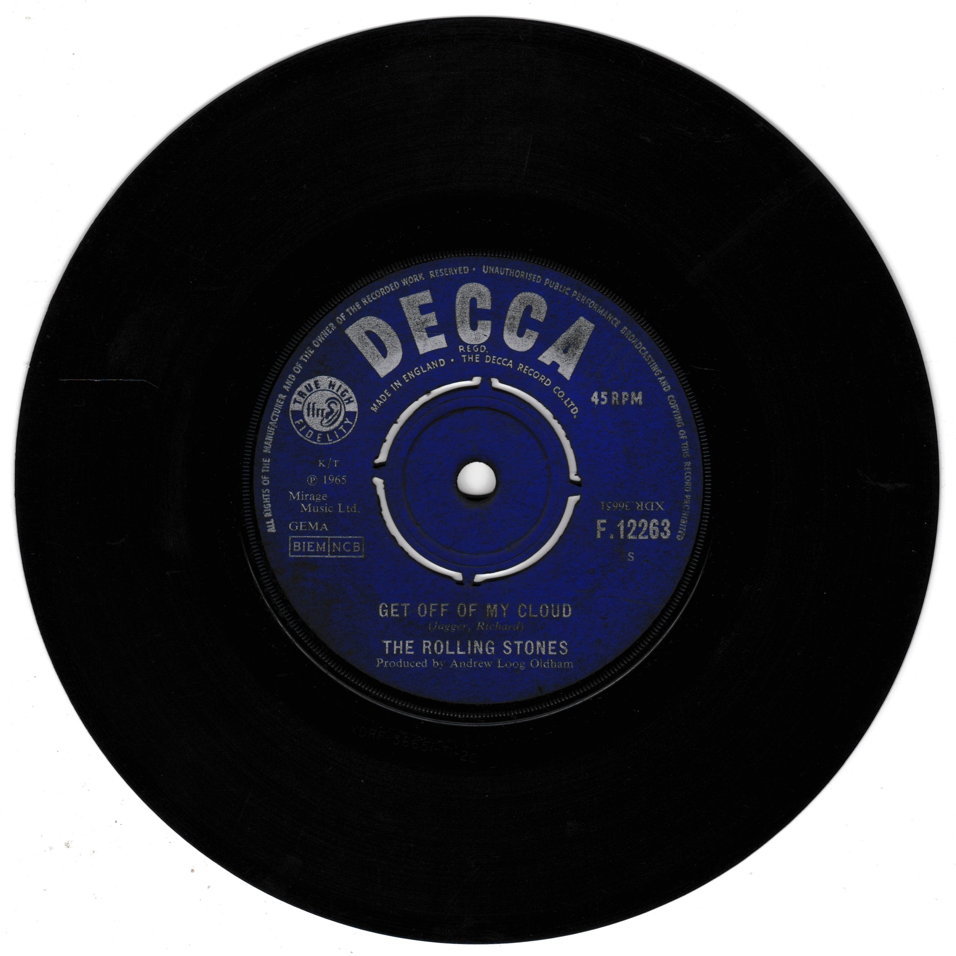 Black vinyl record with blue label featuring 'Decca' and 'The Rolling Stones' text on a white background