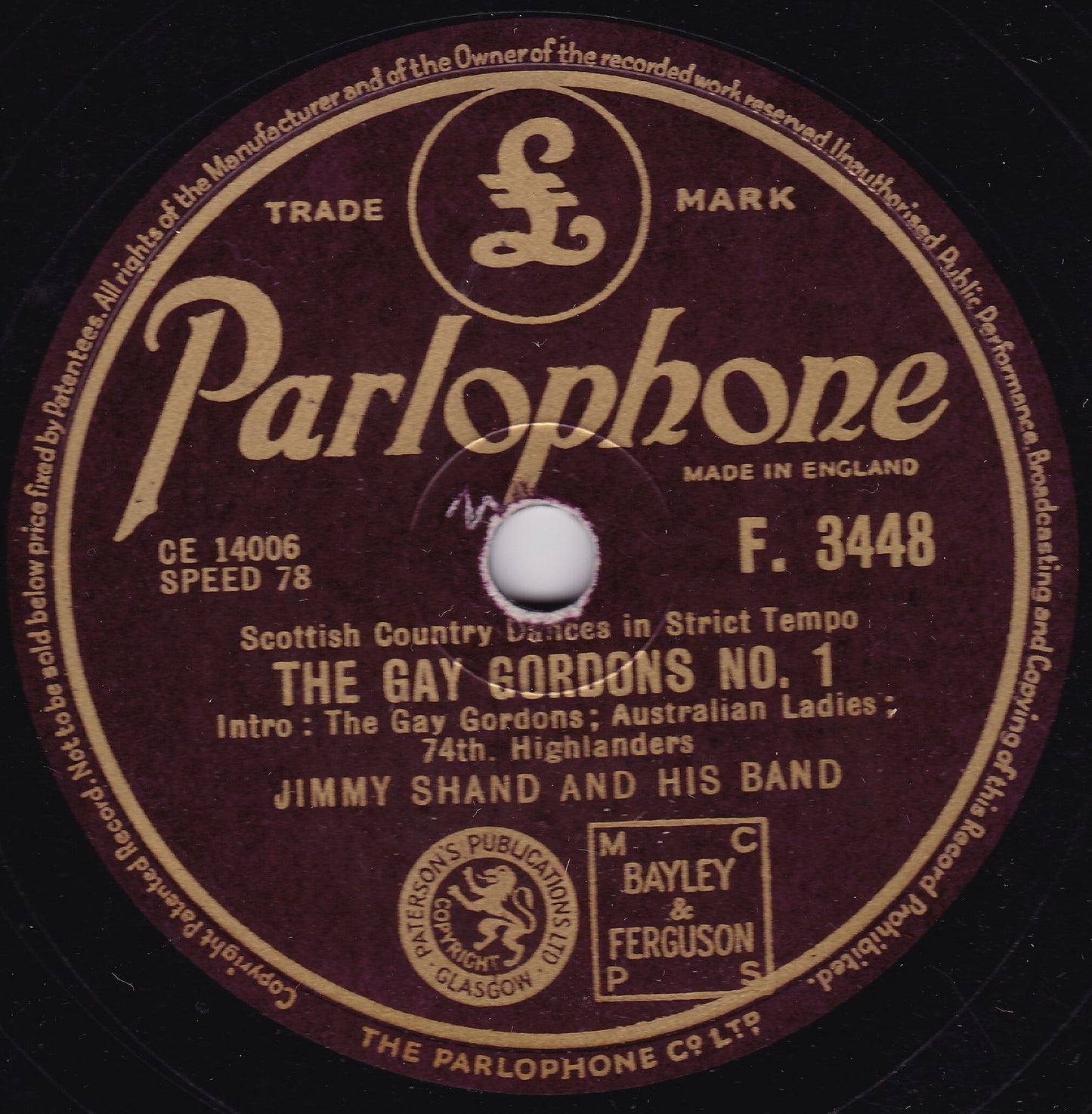 Jimmy Shand - The Gay Gordons No. 1 (Parlophone) 10" shellac VG/-