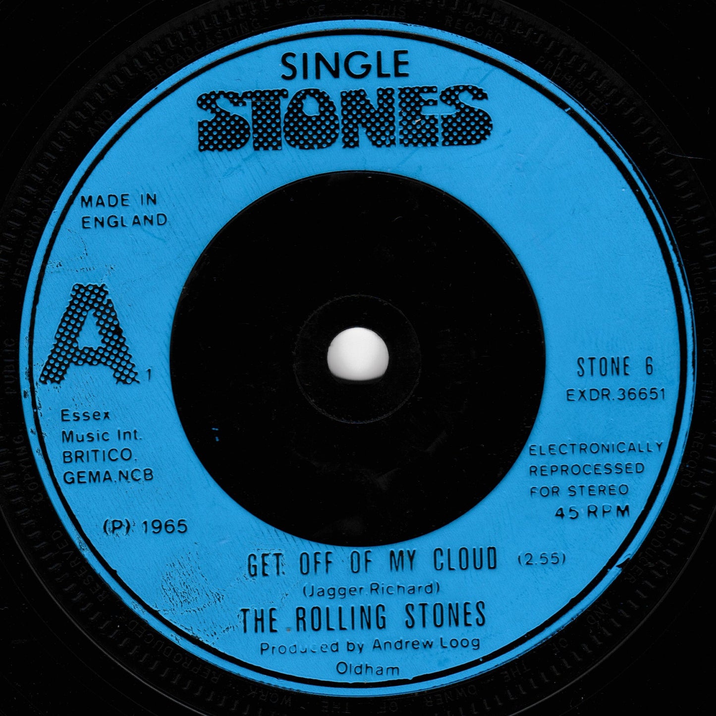 Record label for 'Get Off of My Cloud' by The Rolling Stones with blue border and black center.