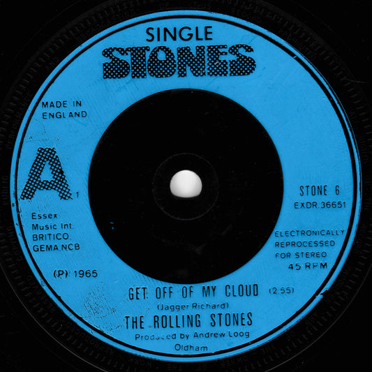 Record label for 'Get Off of My Cloud' by The Rolling Stones with blue border and black center.
