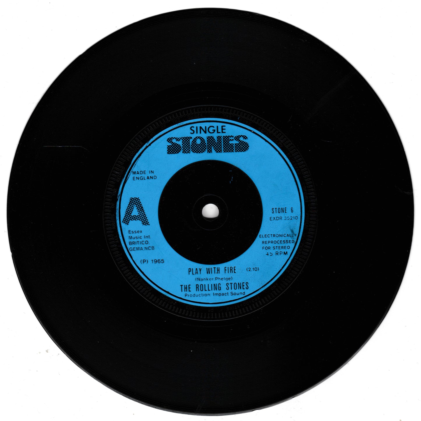 Black vinyl record with blue label featuring 'The Rolling Stones' on a white background