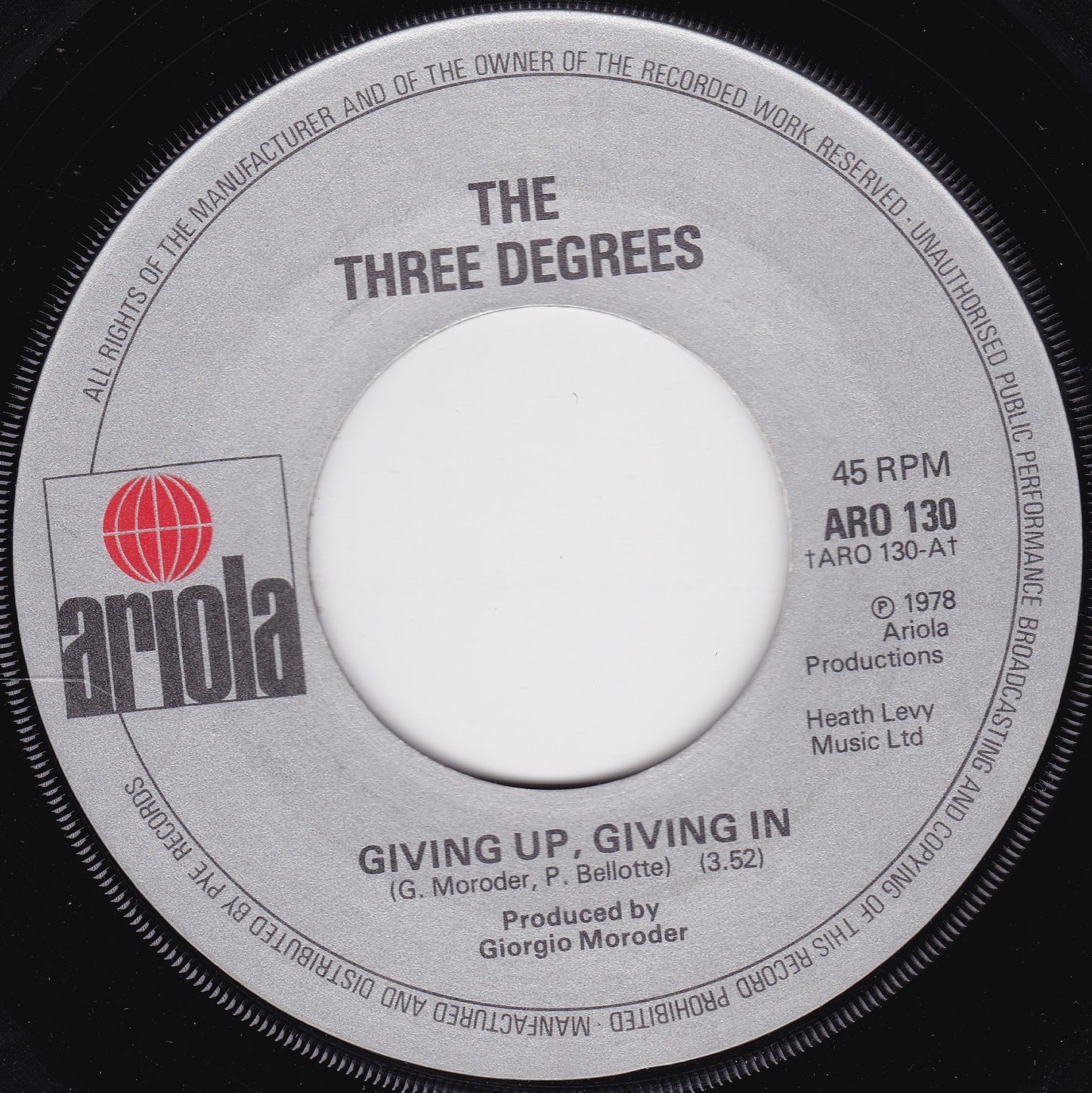 The Three Degrees - Giving Up, Giving In (Ariola 1978) 7" vinyl single VG/- jukebox centre