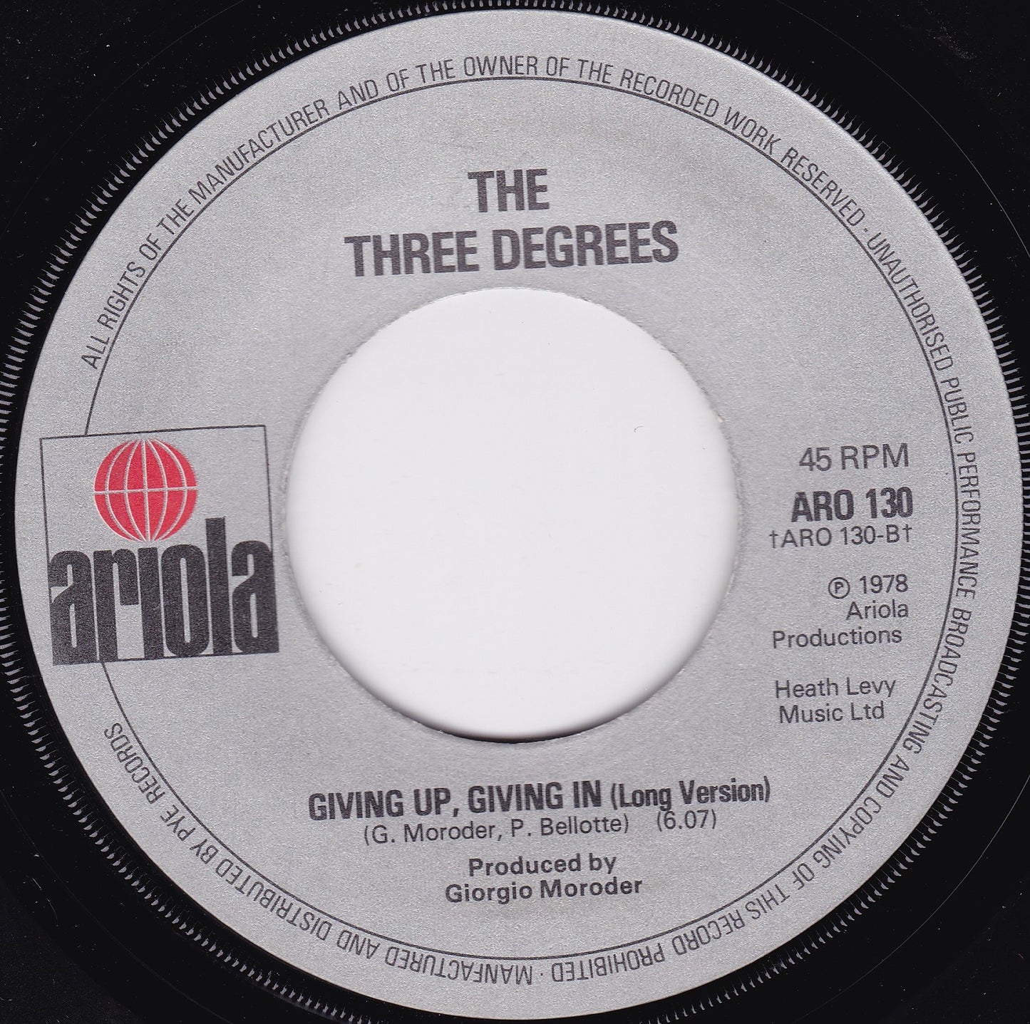 The Three Degrees - Giving Up, Giving In (Ariola 1978) 7" vinyl single VG/- jukebox centre