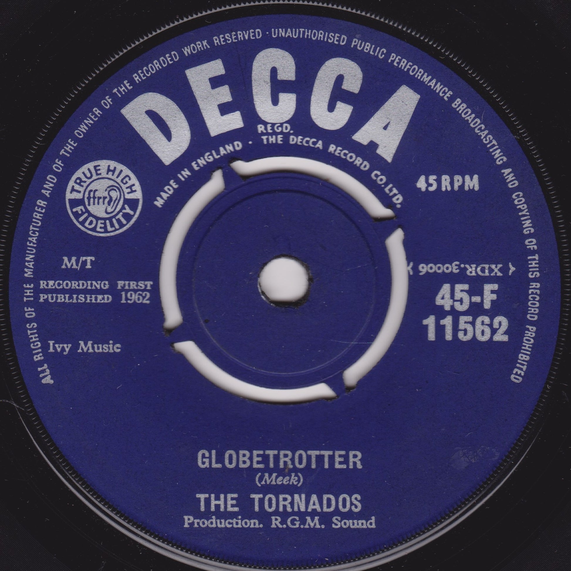 Decca record label with text and music details on a black background