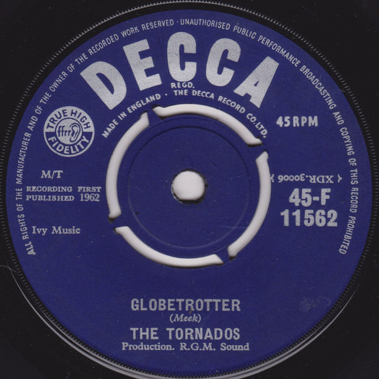 Decca record label with text and music details on a black background