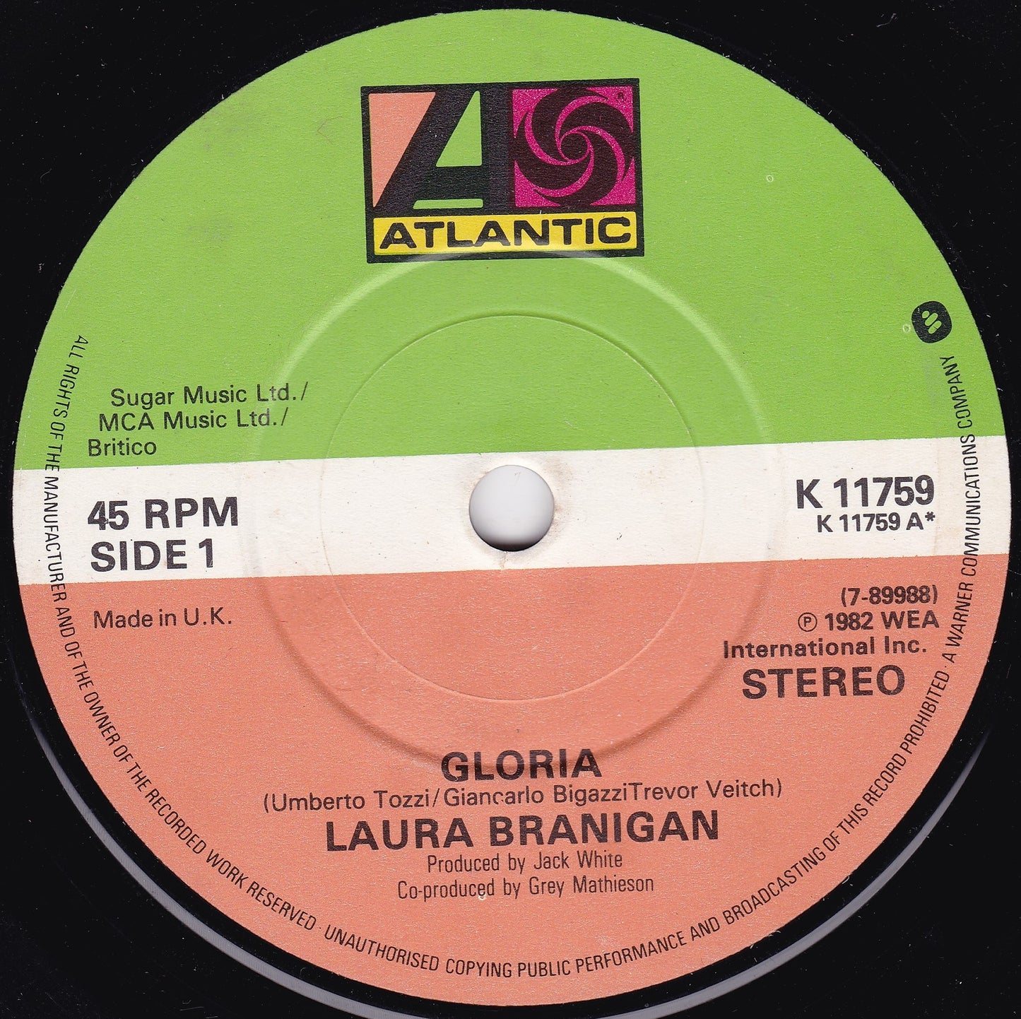 Laura Branigan - Gloria (Atlantic 1982) 7" vinyl single G+/-