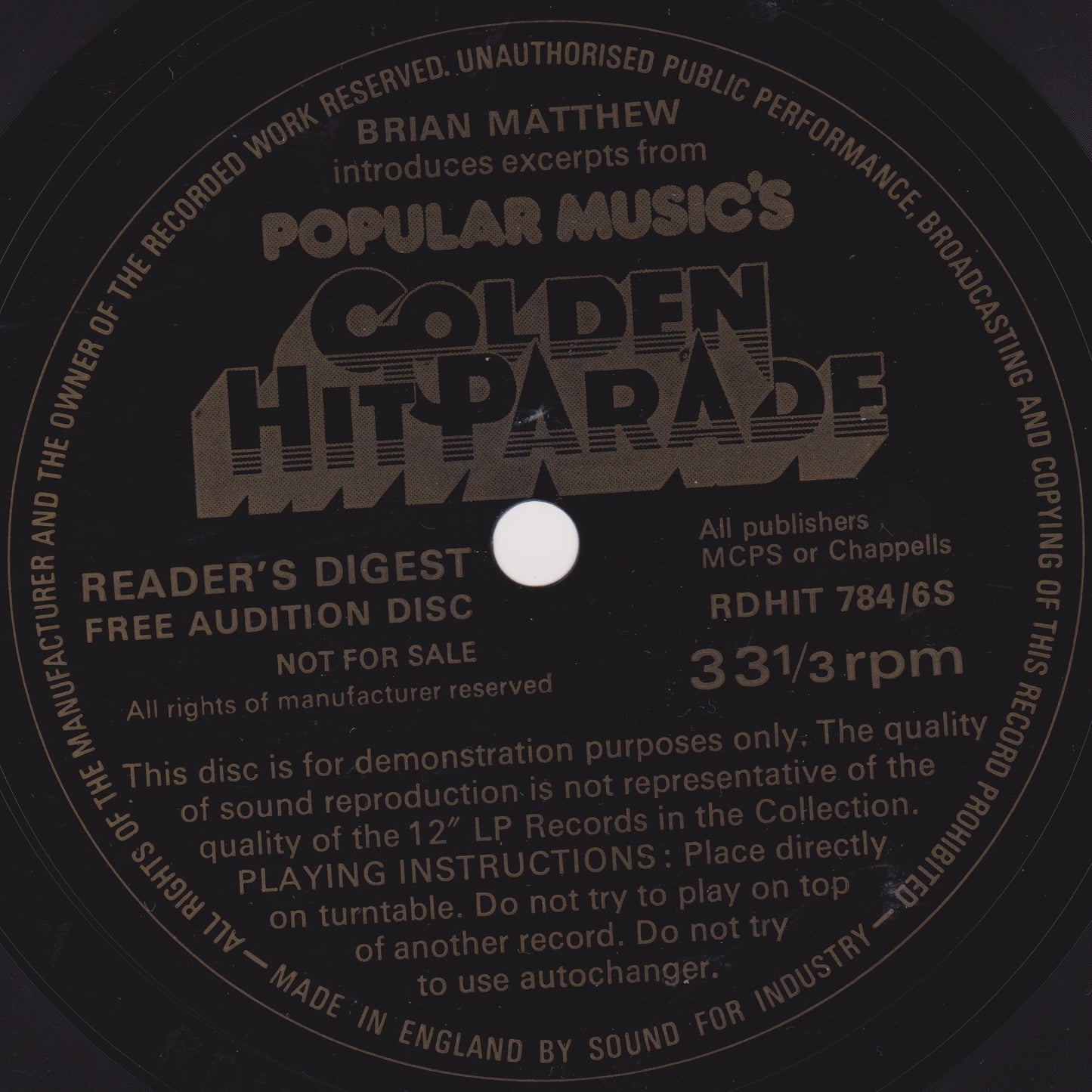 Brian Matthew Introduces Excerpts From Popular Music's Golden Hit Parade 7" flexi-disc, single sided VG/-
