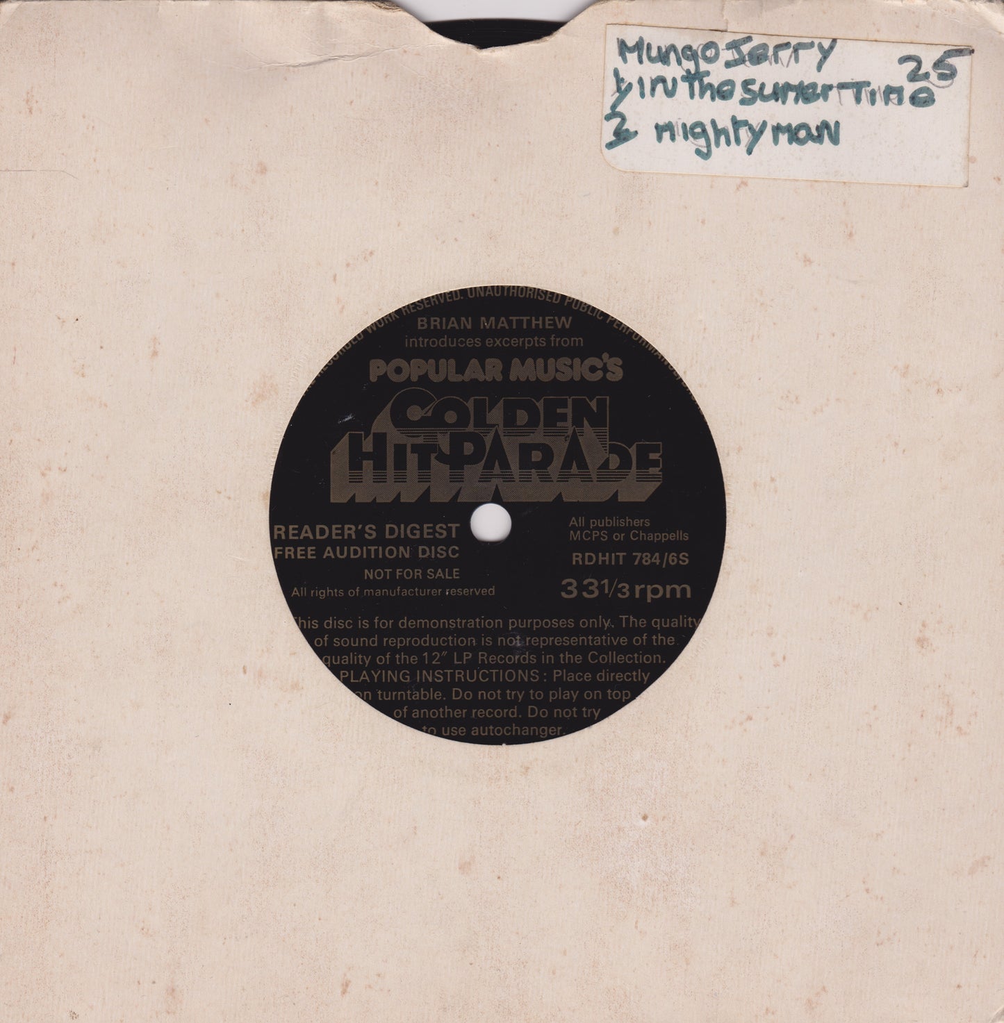 Brian Matthew Introduces Excerpts From Popular Music's Golden Hit Parade 7" flexi-disc, single sided VG/-