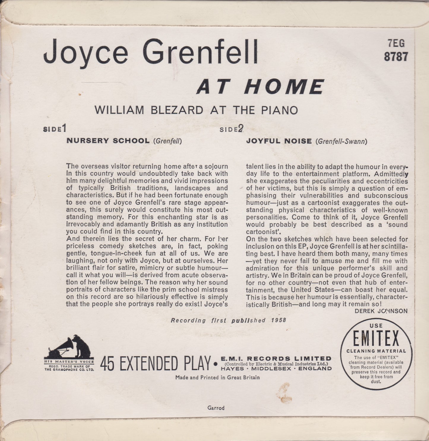 Back cover of a vinyl record featuring text about Joyce Grenfell and William Blezard at the Piano.